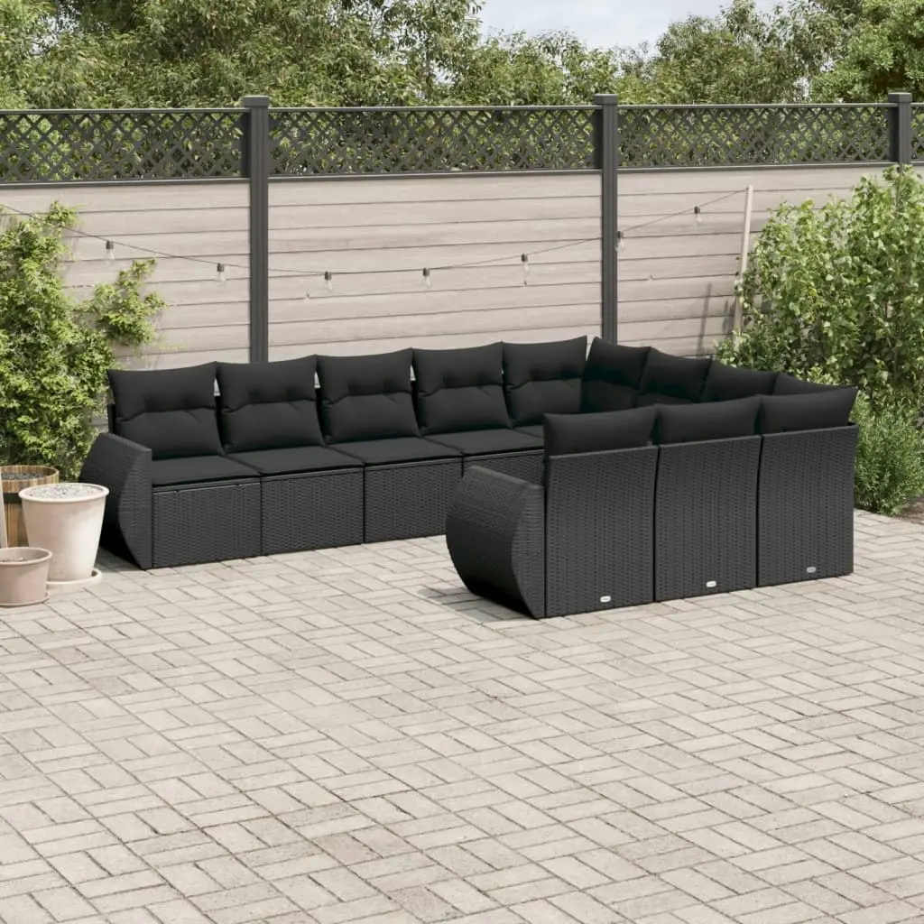 10 Piece Garden Sofa Set with Cushions Black Poly Rattan 3221884