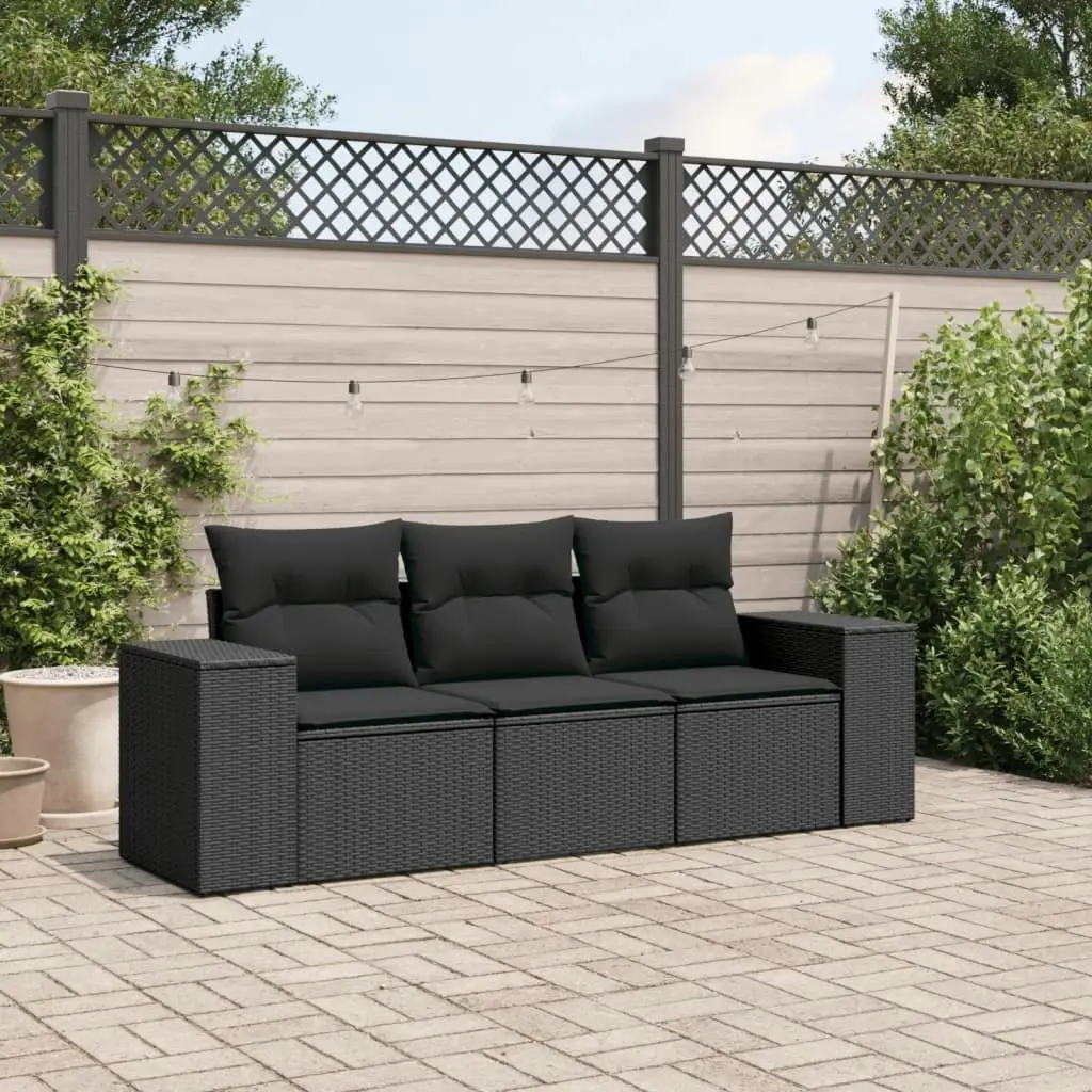 3 Piece Garden Sofa Set with Cushions Black Poly Rattan 3222254