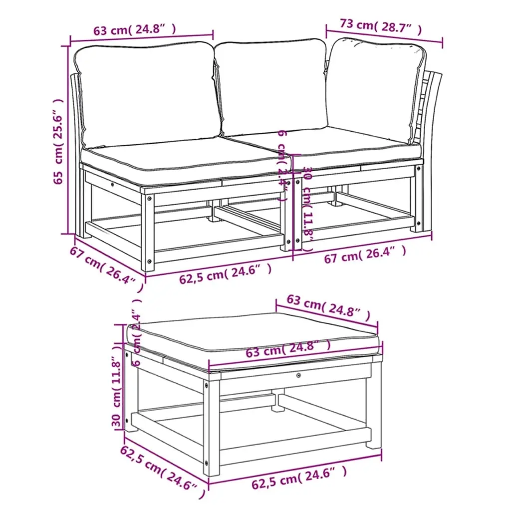 3 Piece Garden Lounge Set with Cushions Solid Wood Acacia 3214304