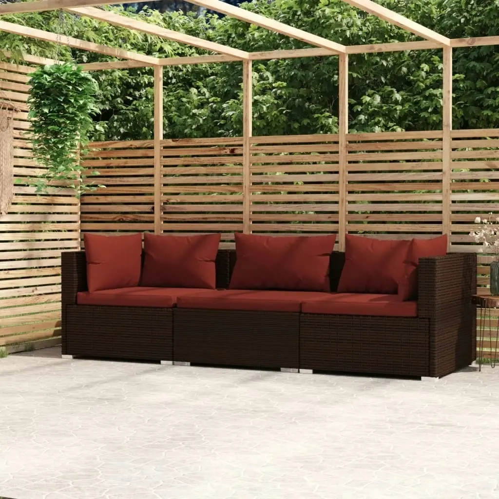 3-Seater Sofa with Cushions Brown Poly Rattan 317544