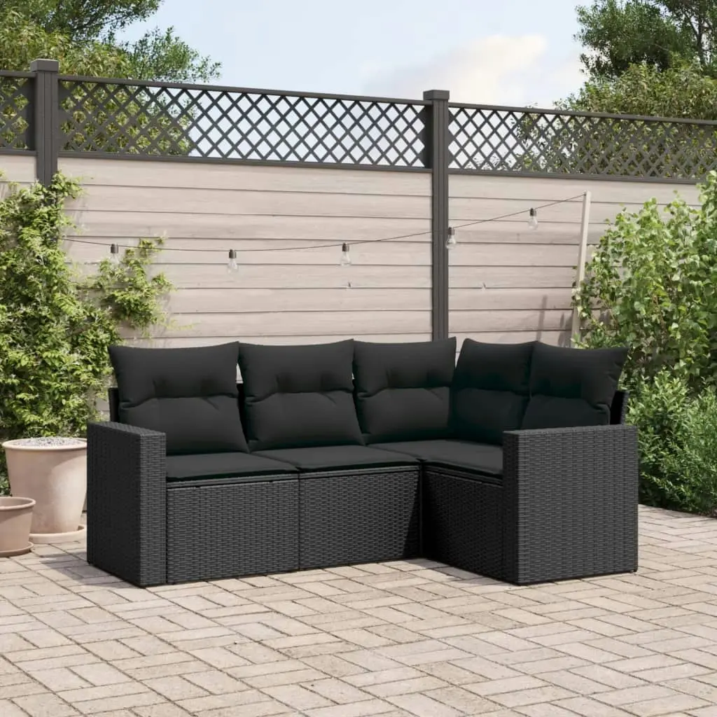 4 Piece Garden Sofa Set with Cushions Black Poly Rattan 3251242