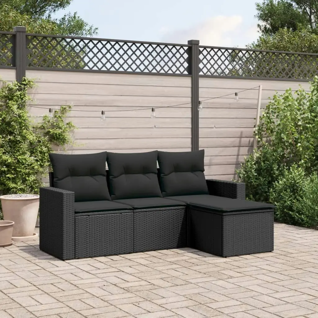 4 Piece Garden Sofa Set with Cushions Black Poly Rattan 3251202