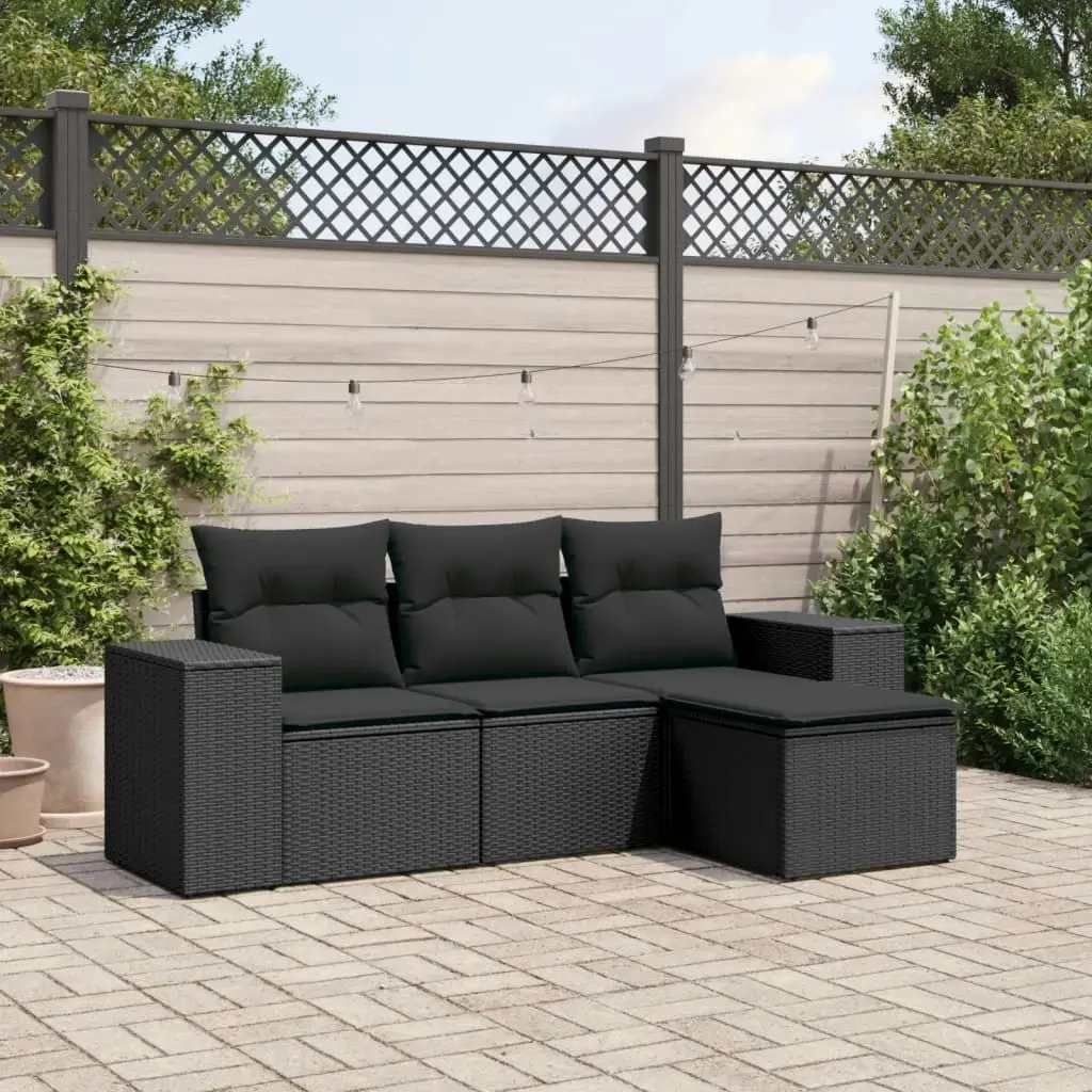 4 Piece Garden Sofa Set with Cushions Black Poly Rattan 3222464