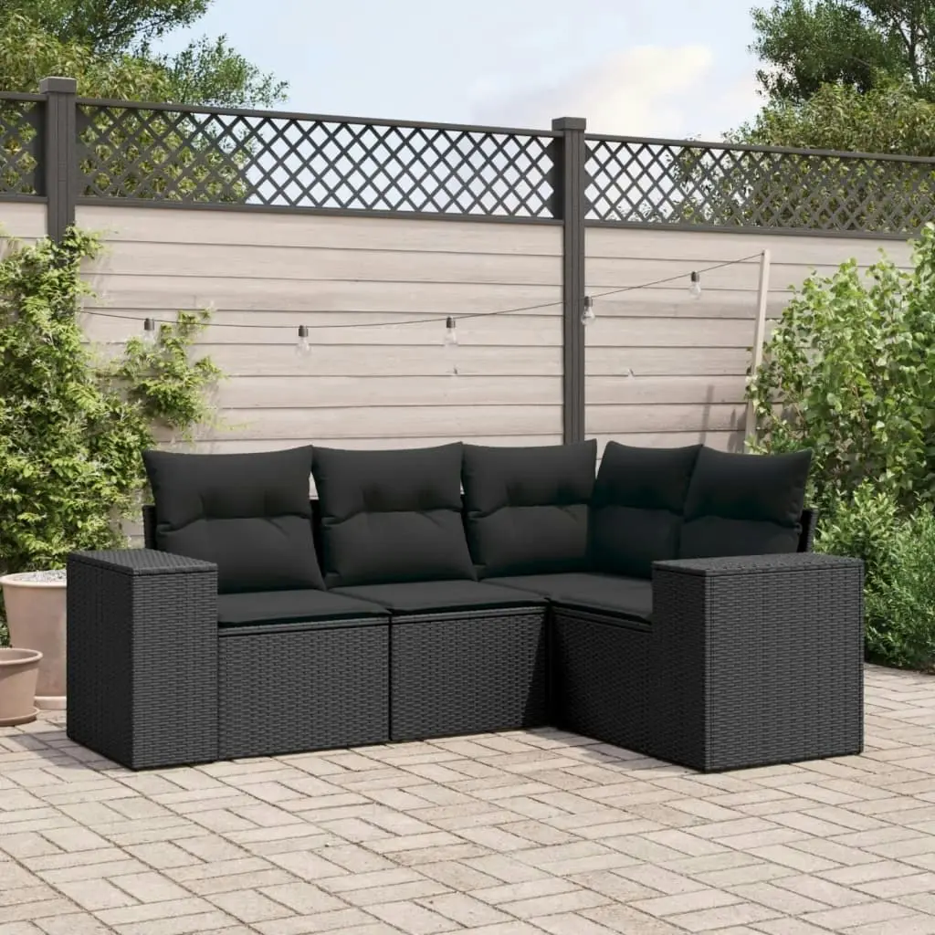 4 Piece Garden Sofa Set with Cushions Black Poly Rattan 3222504