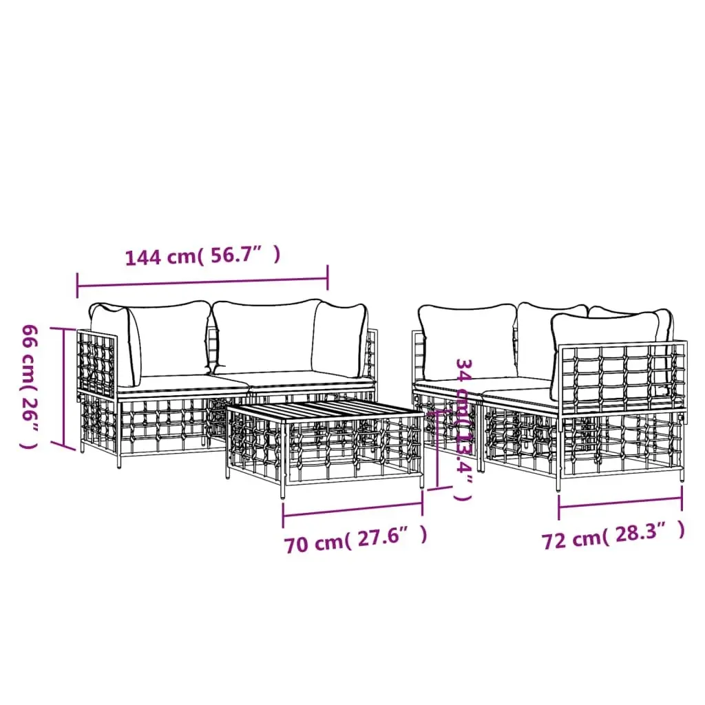 5 Piece Garden Lounge Set with Cushions Anthracite Poly Rattan 3186703