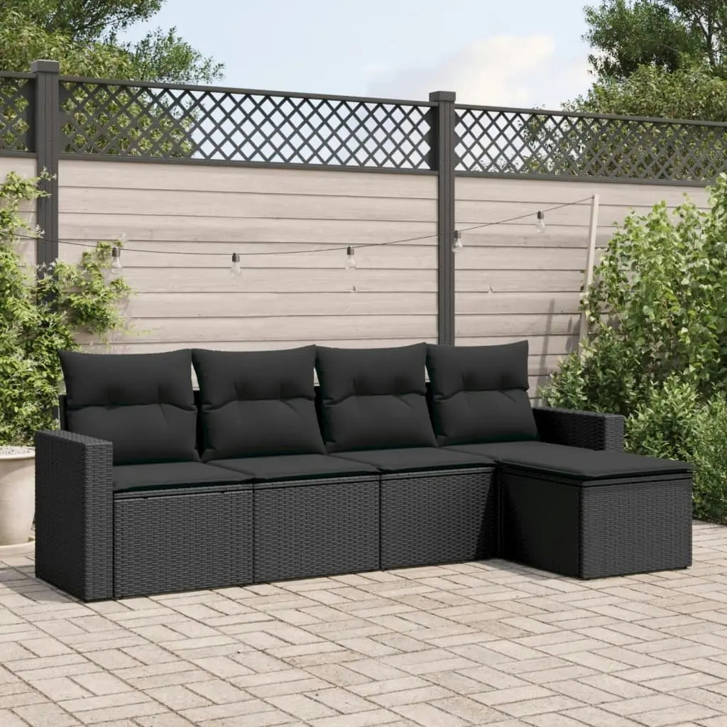 5 Piece Garden Sofa Set with Cushions Black Poly Rattan 3251222