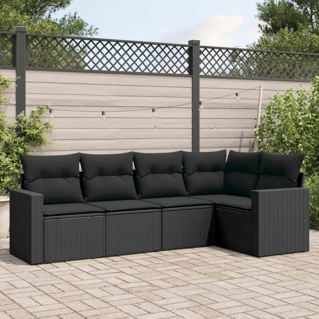 5 Piece Garden Sofa Set with Cushions Black Poly Rattan 3251262