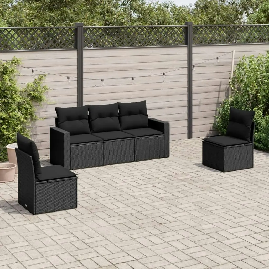 5 Piece Garden Sofa Set with Cushions Black Poly Rattan 3251122