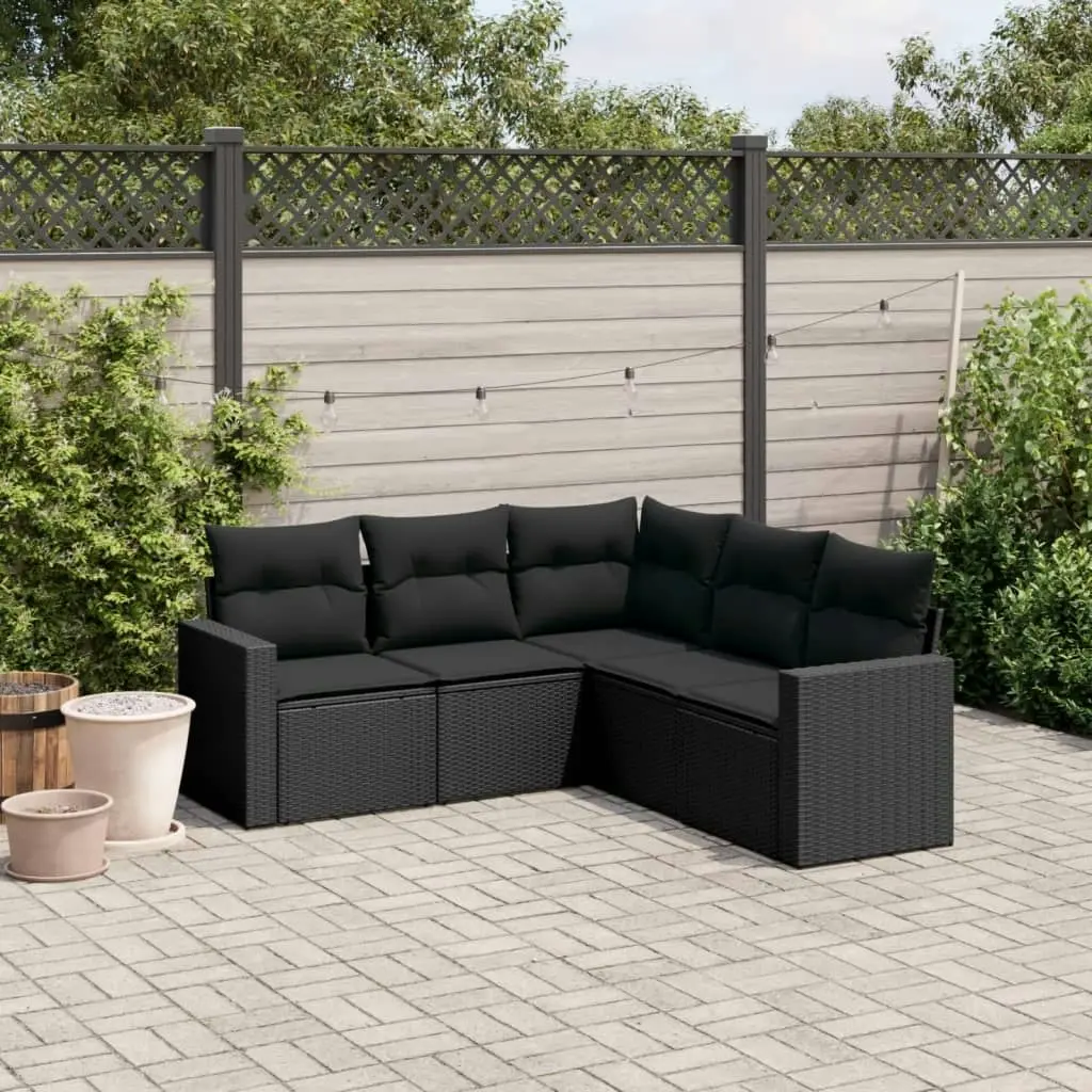 5 Piece Garden Sofa Set with Cushions Black Poly Rattan 3251282