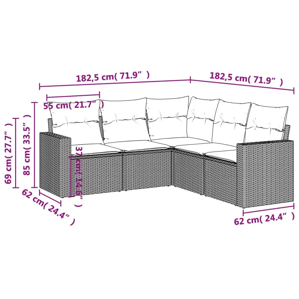 5 Piece Garden Sofa Set with Cushions Black Poly Rattan 3251282