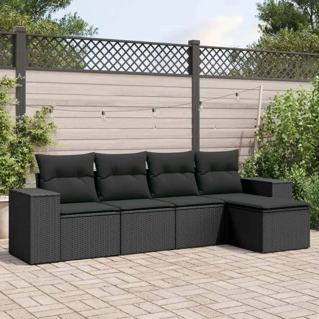 5 Piece Garden Sofa Set with Cushions Black Poly Rattan 3222484