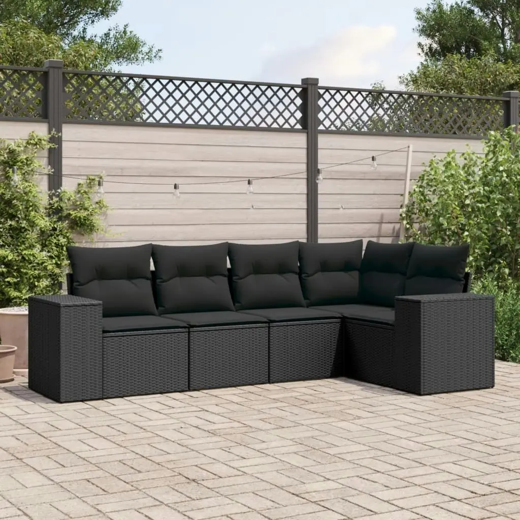 5 Piece Garden Sofa Set with Cushions Black Poly Rattan 3222524