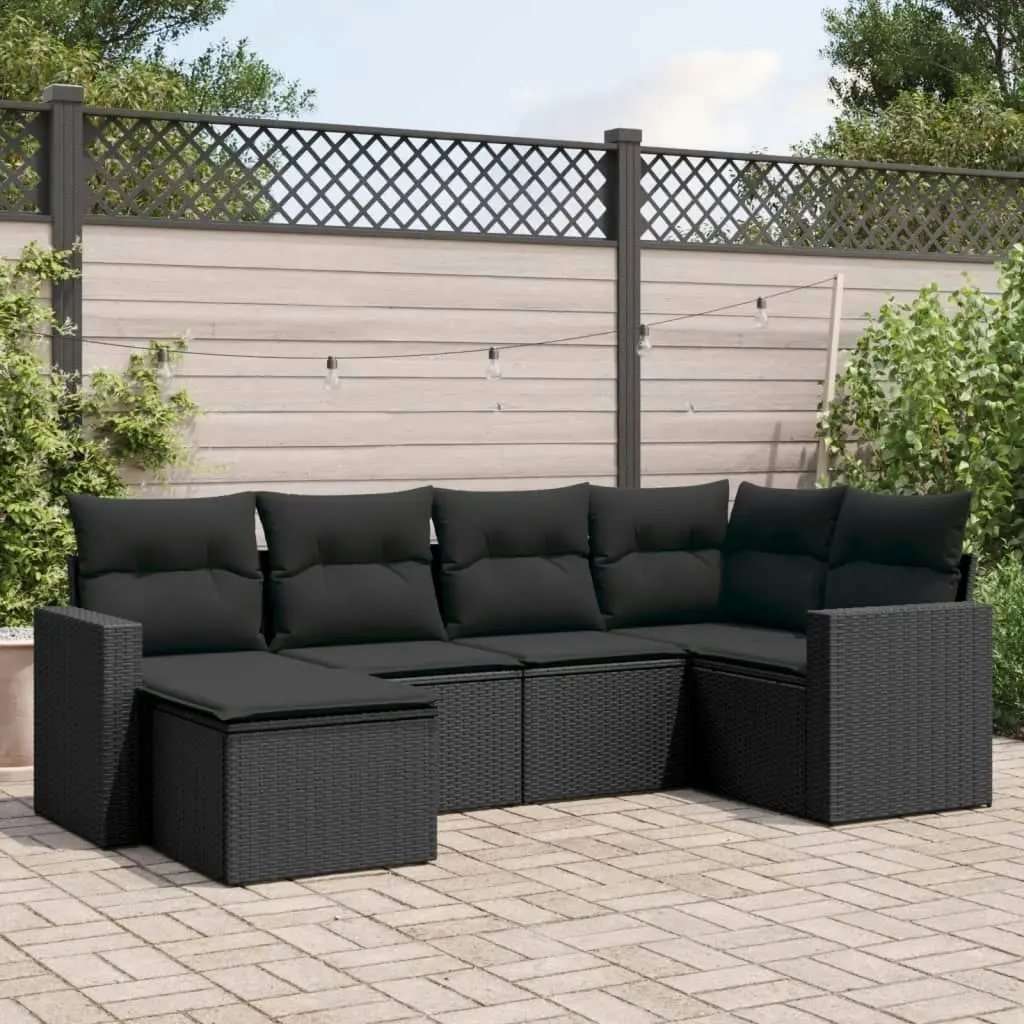 6 Piece Garden Sofa Set with Cushions Black Poly Rattan 3251592