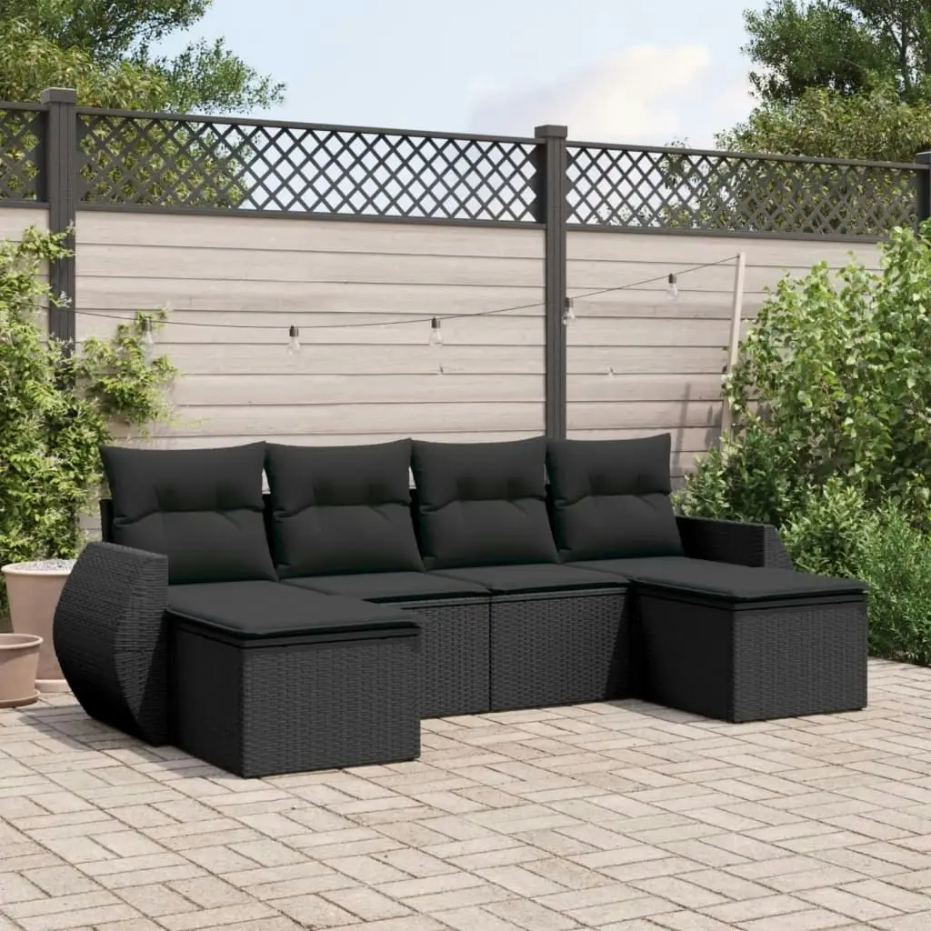 6 Piece Garden Sofa Set with Cushions Black Poly Rattan 3221714