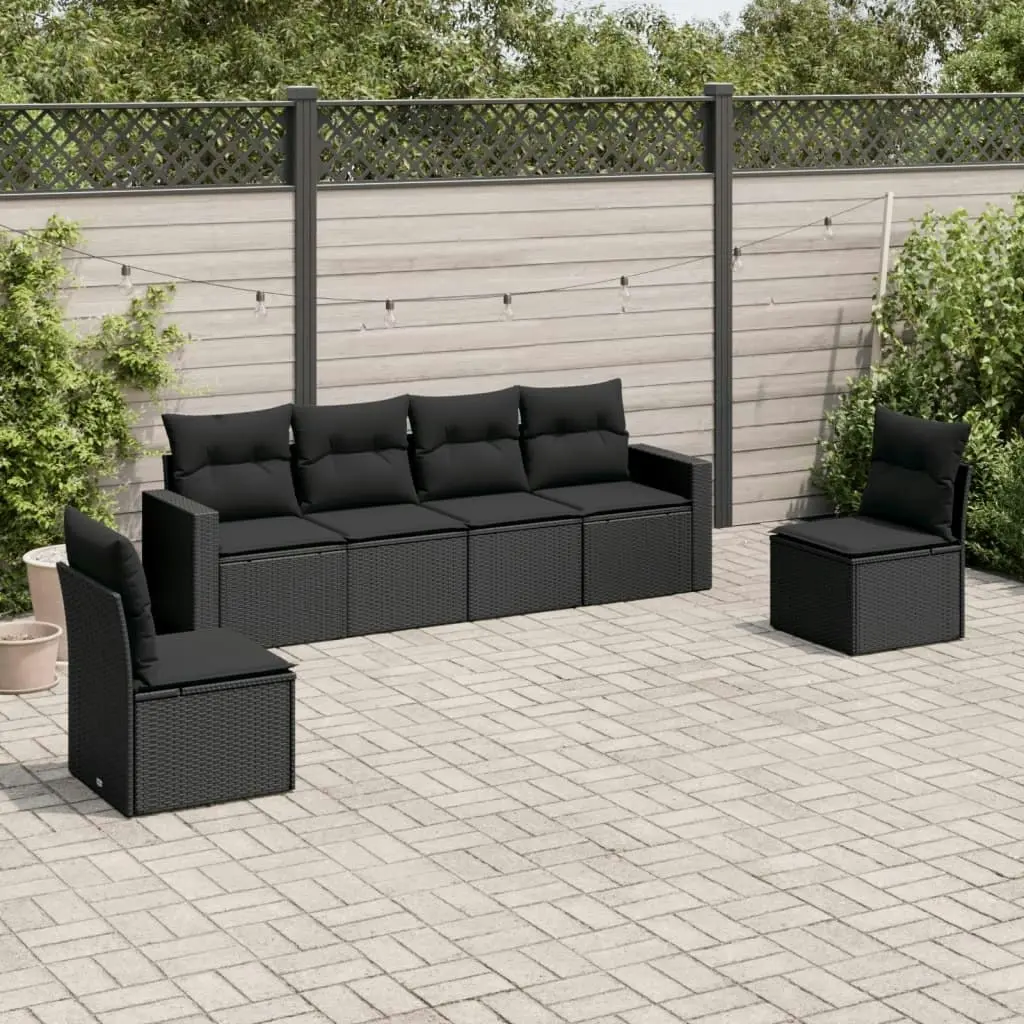 6 Piece Garden Sofa Set with Cushions Black Poly Rattan 3251142