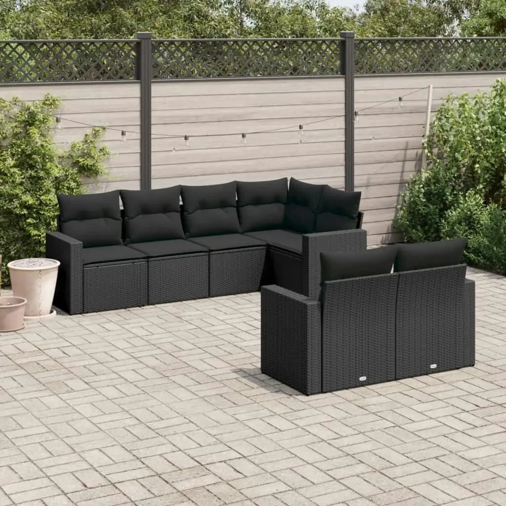 7 Piece Garden Sofa Set with Cushions Black Poly Rattan 3251542