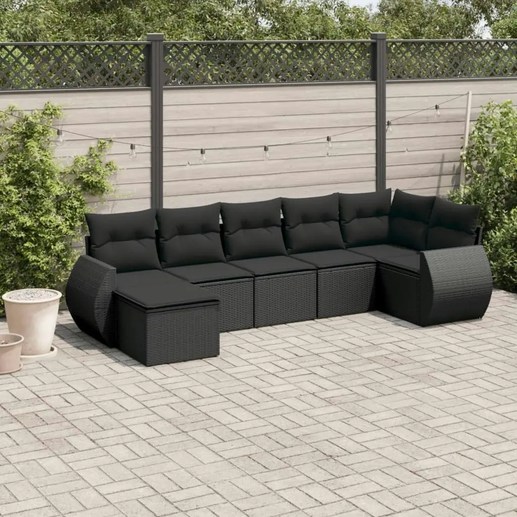 7 Piece Garden Sofa Set with Cushions Black Poly Rattan 3221674