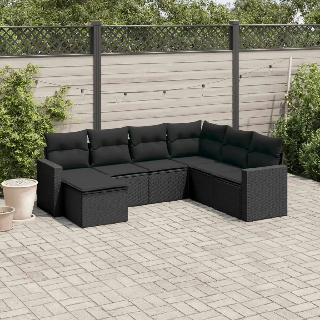 7 Piece Garden Sofa Set with Cushions Black Poly Rattan 3251632