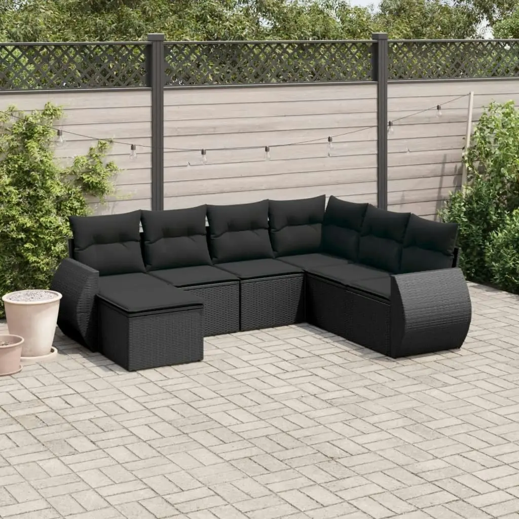 7 Piece Garden Sofa Set with Cushions Black Poly Rattan 3221694