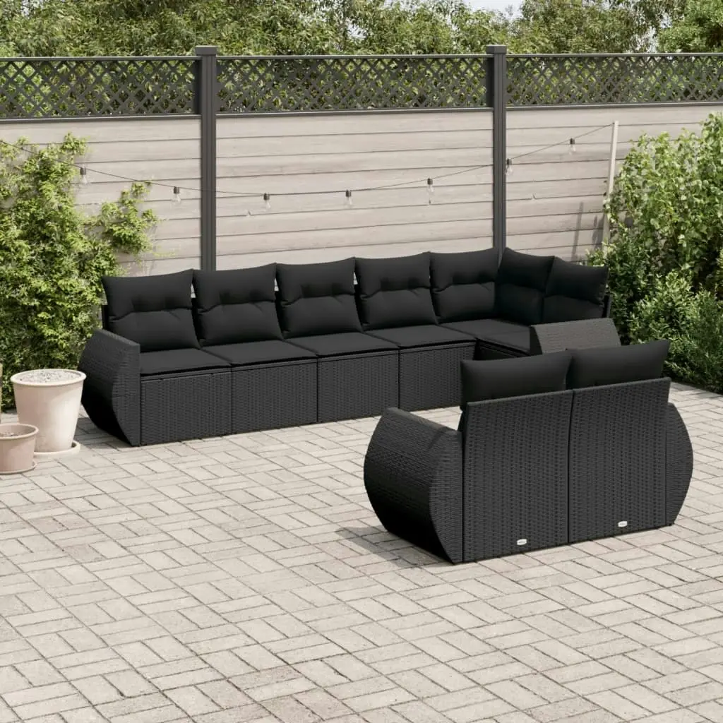 8 Piece Garden Sofa Set with Cushions Black Poly Rattan 3221614