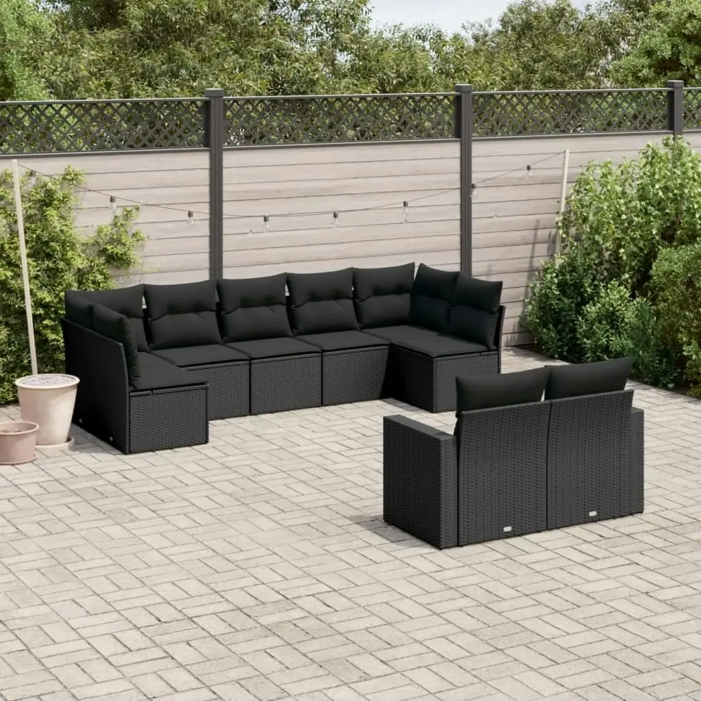 9 Piece Garden Sofa Set with Cushions Black Poly Rattan 3251752