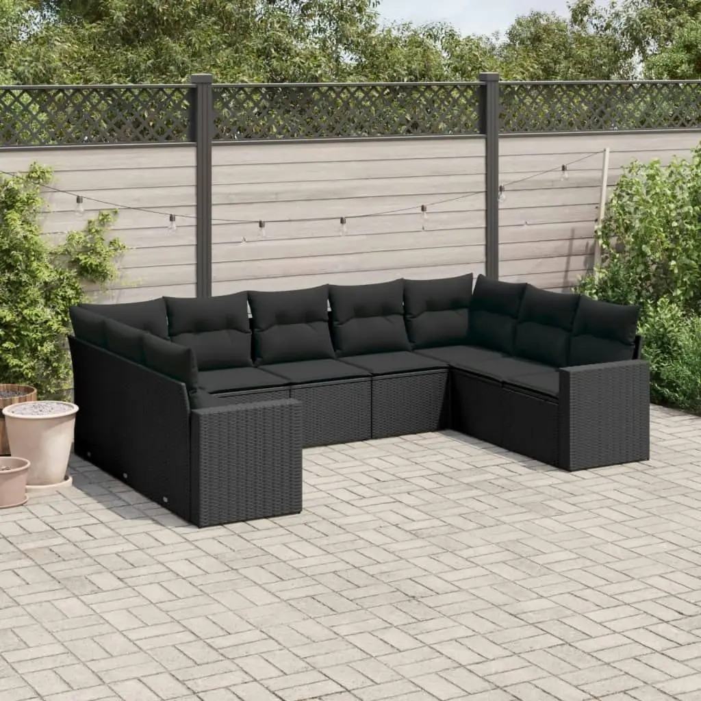 9 Piece Garden Sofa Set with Cushions Black Poly Rattan 3251732