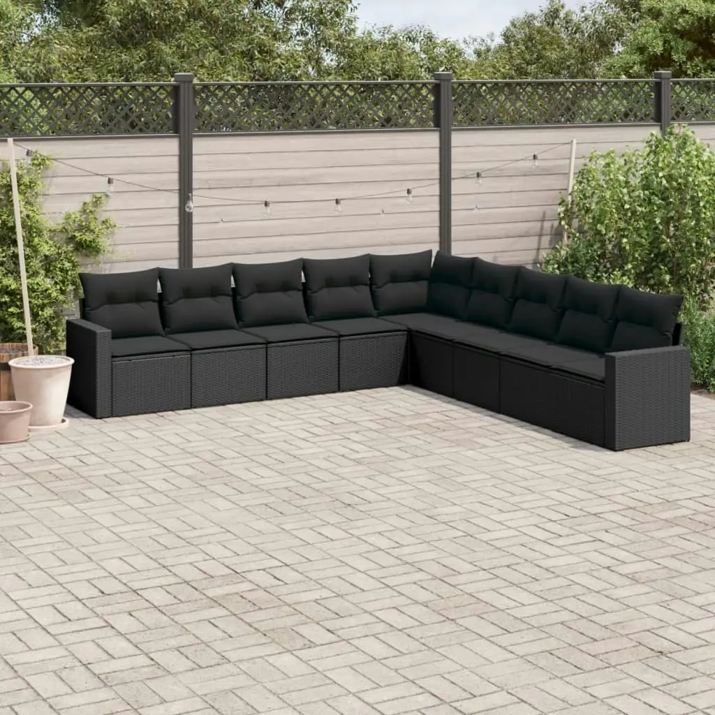 9 Piece Garden Sofa Set with Cushions Black Poly Rattan 3251422