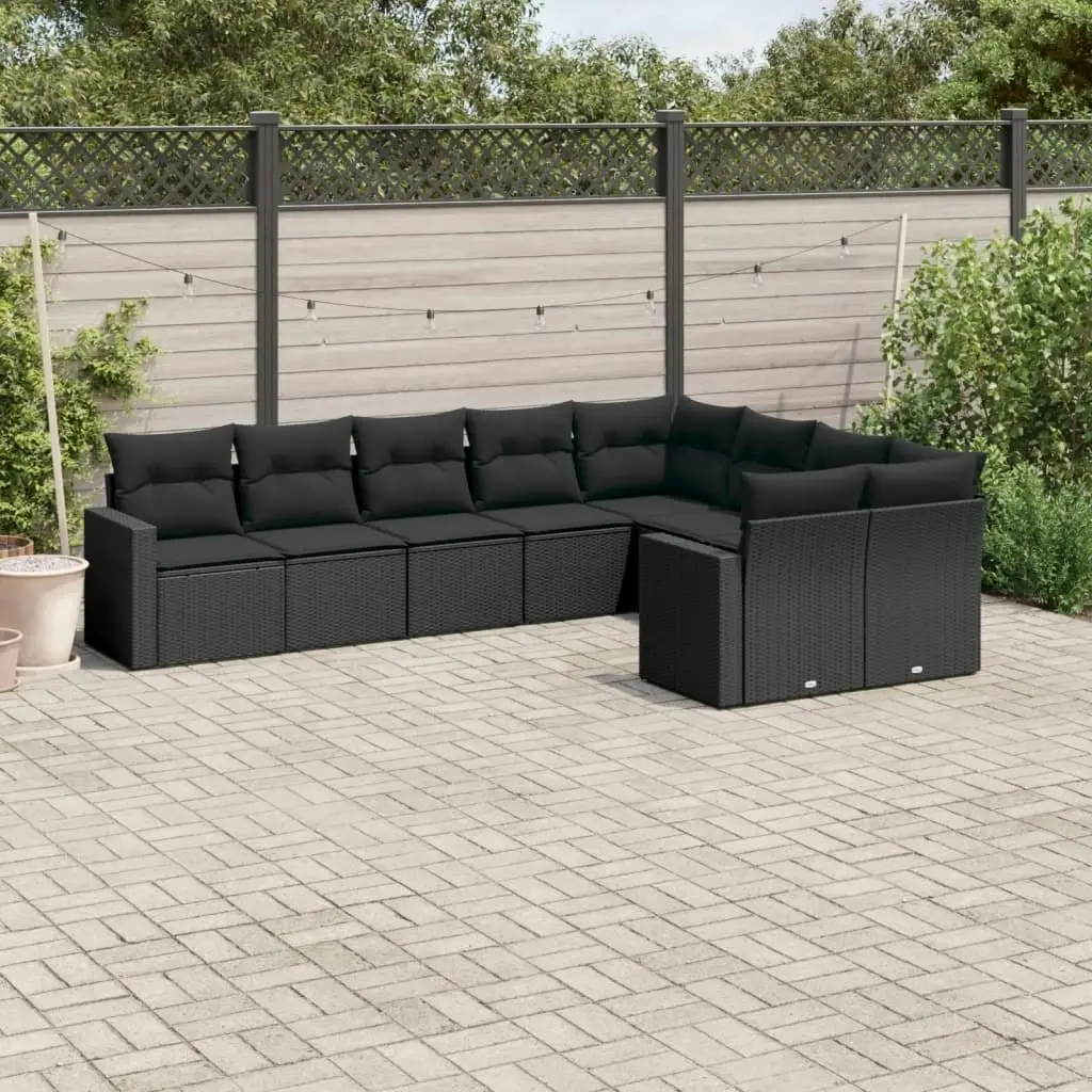 9 Piece Garden Sofa Set with Cushions Black Poly Rattan 3251772