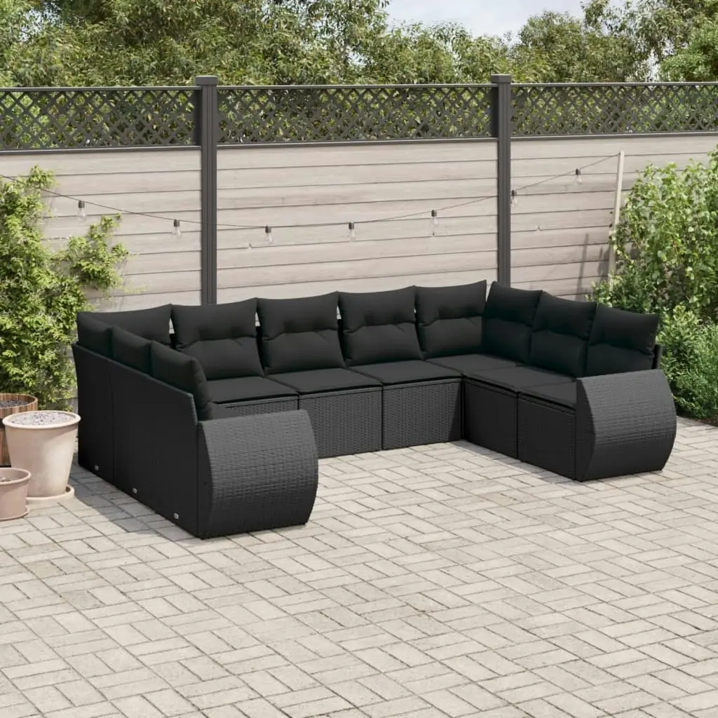 9 Piece Garden Sofa Set with Cushions Black Poly Rattan 3221794