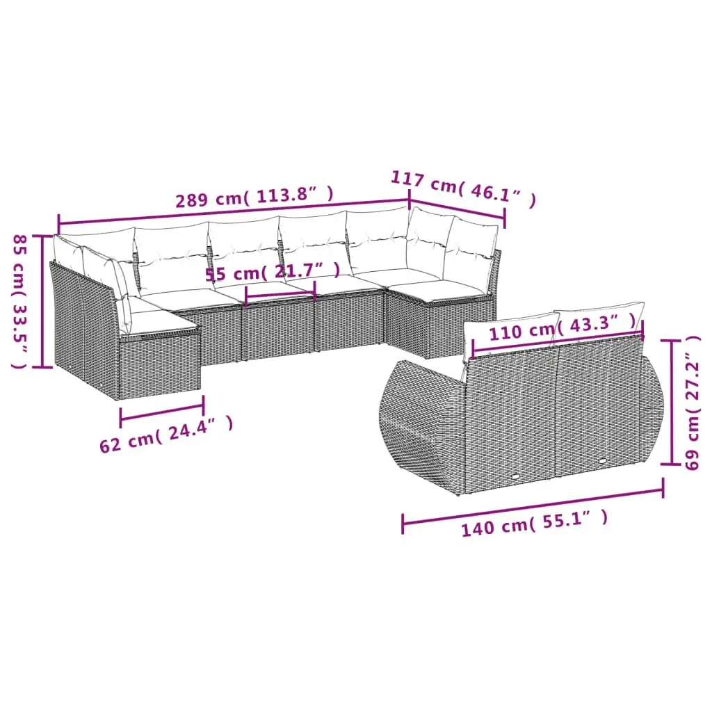 9 Piece Garden Sofa Set with Cushions Black Poly Rattan 3221814