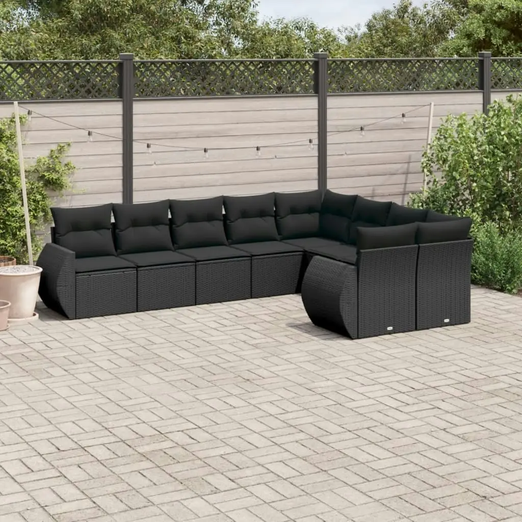 9 Piece Garden Sofa Set with Cushions Black Poly Rattan 3221834