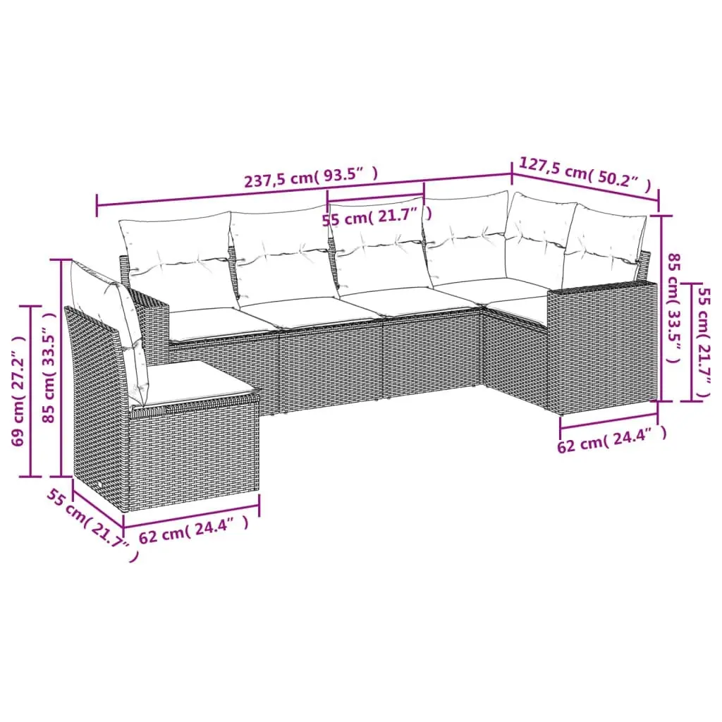 6 Piece Garden Sofa Set with Cushions Black Poly Rattan 3251362