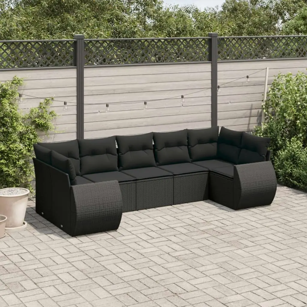 7 Piece Garden Sofa Set with Cushions Black Poly Rattan 3221784