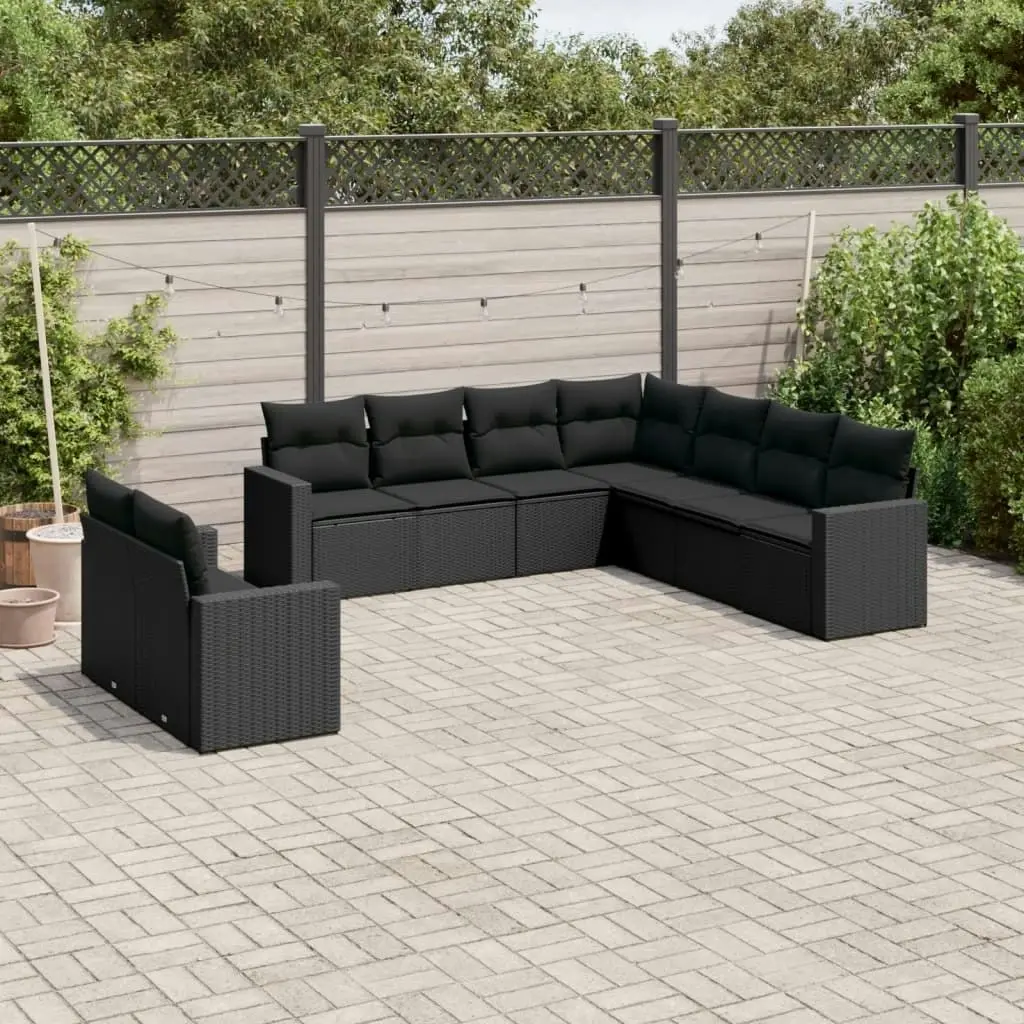 9 Piece Garden Sofa Set with Cushions Black Poly Rattan 3251482