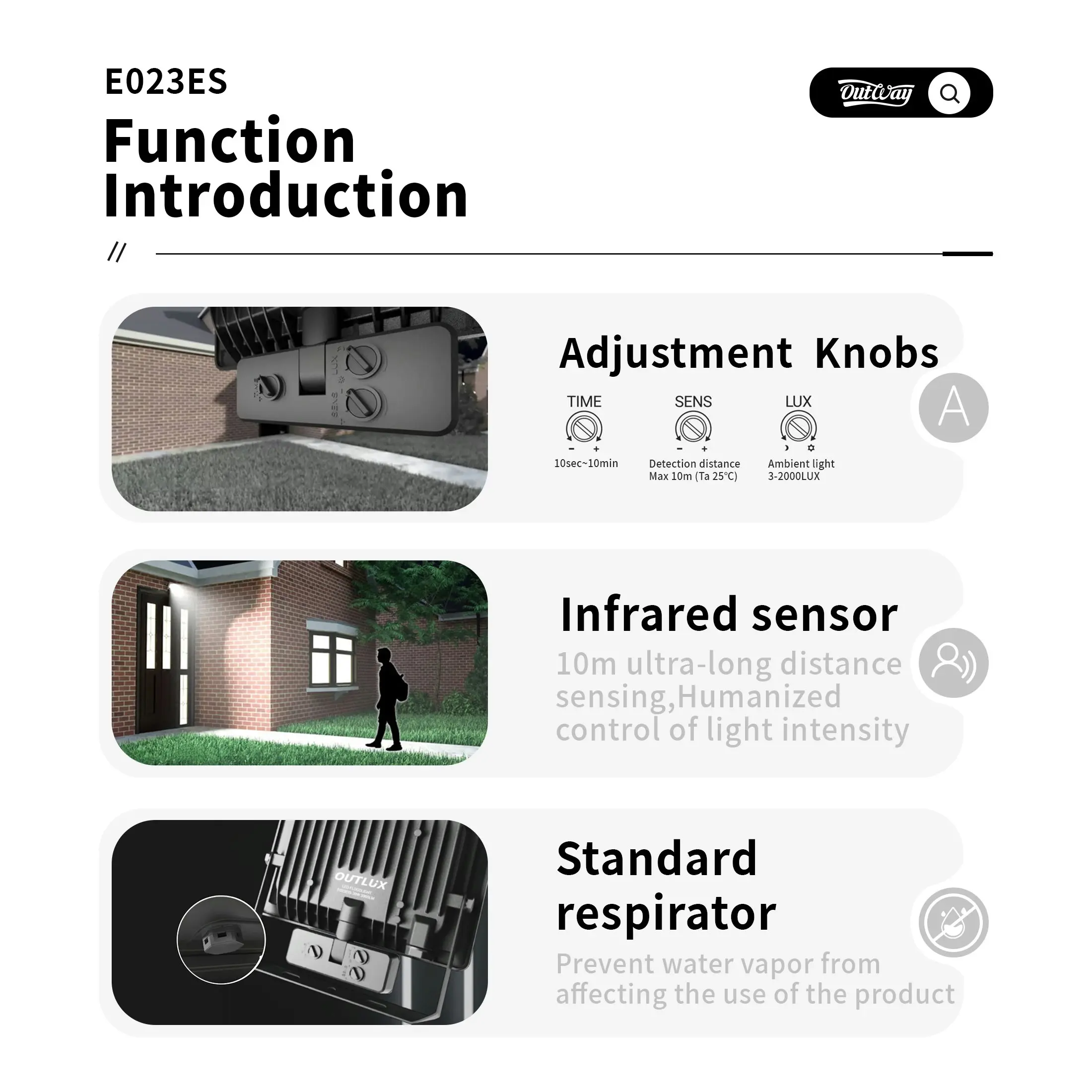 Outway E023ES LED floodlight with long distance motion sensor control 20W