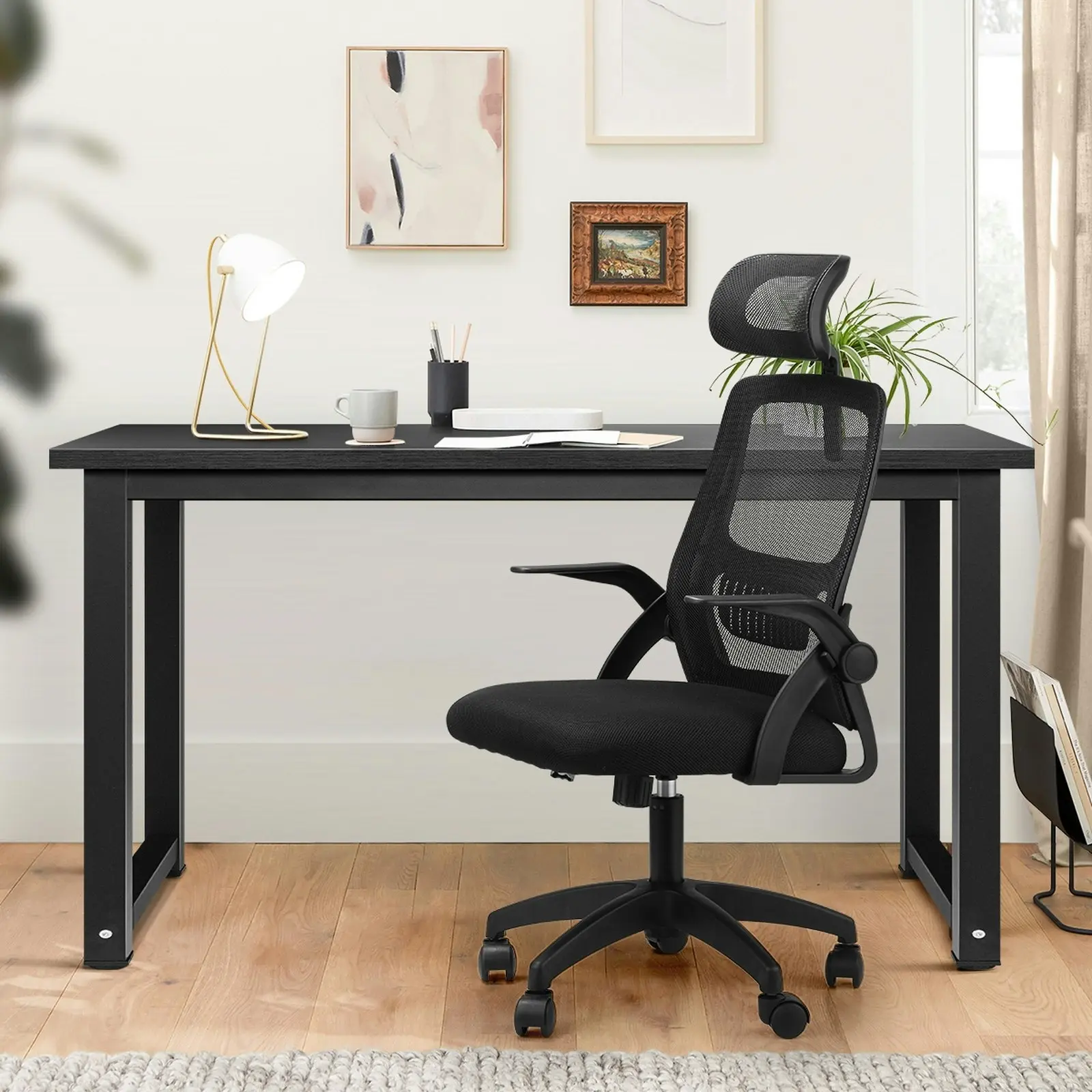 Oikiture Home Office Desk and Chair Set Computer Desk Mesh Office Chair Black