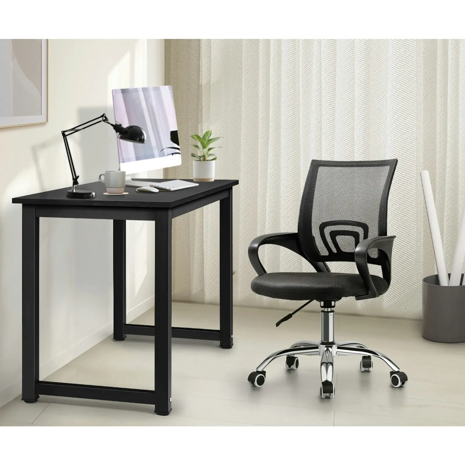 Oikiture Home Office Desk and Chair Set Black Computer Desk Mesh Office Chair