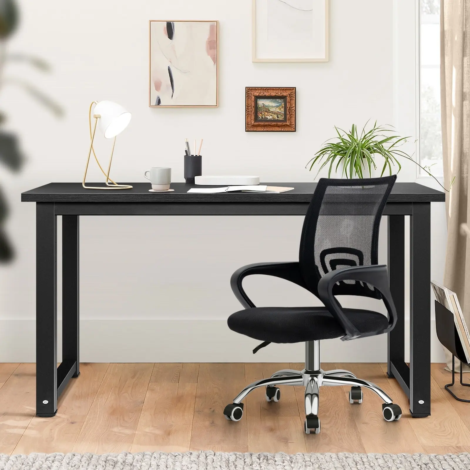 Oikiture Home Office Desk and Chair Set Black Computer Desk Mesh Office Chair