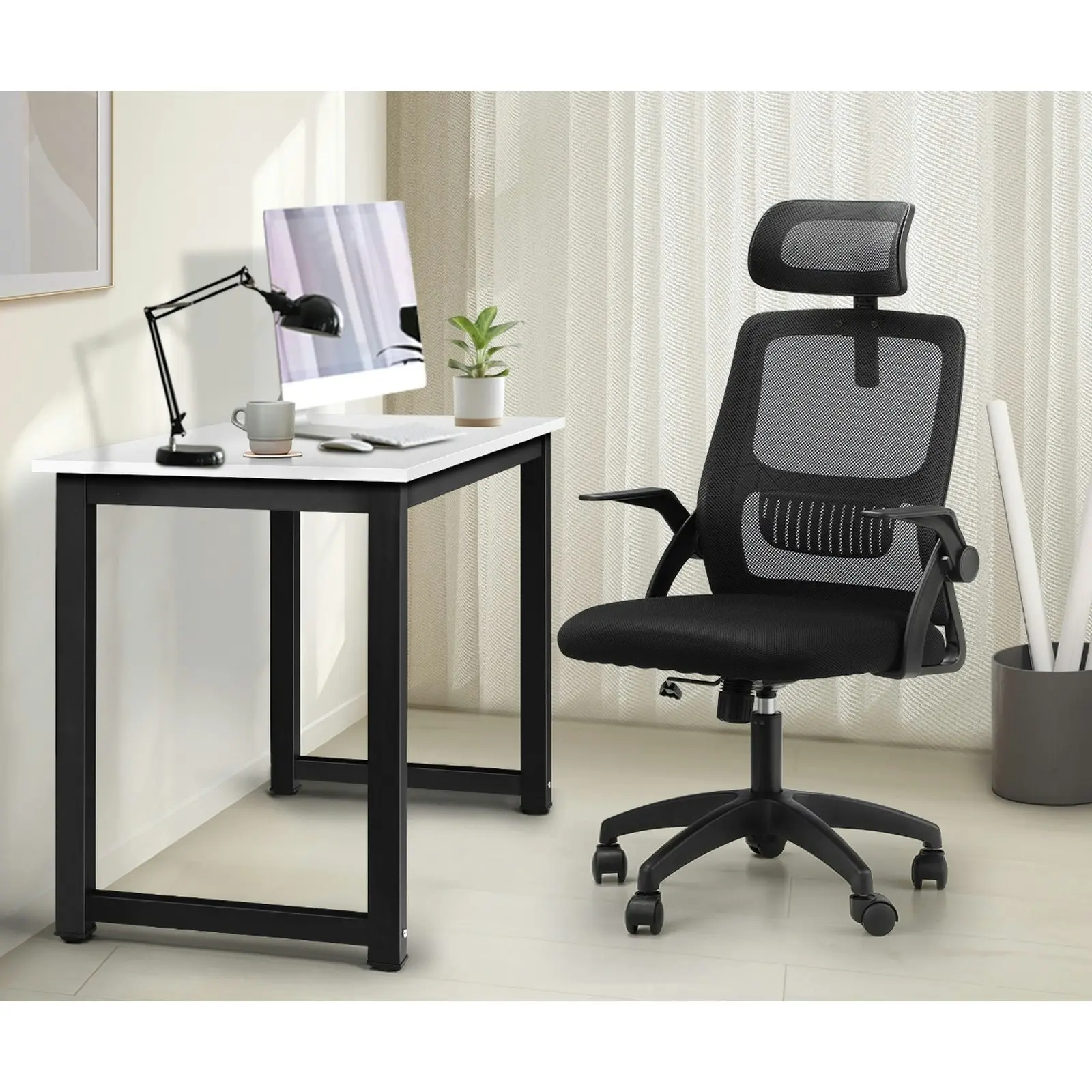 Oikiture Home Office Desk and Chair Set Computer Desk Mesh Office Chair Black&White