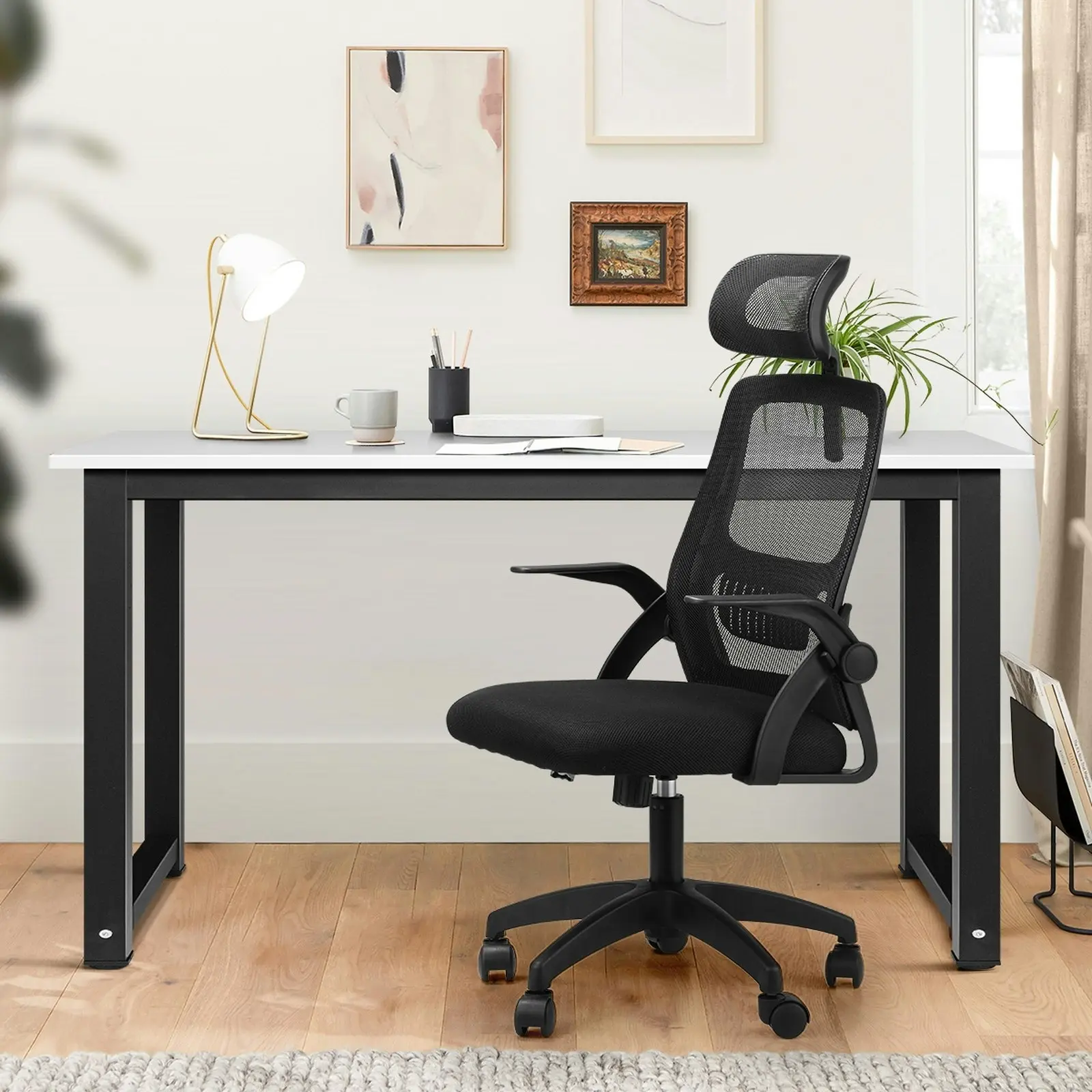 Oikiture Home Office Desk and Chair Set Computer Desk Mesh Office Chair Black&White