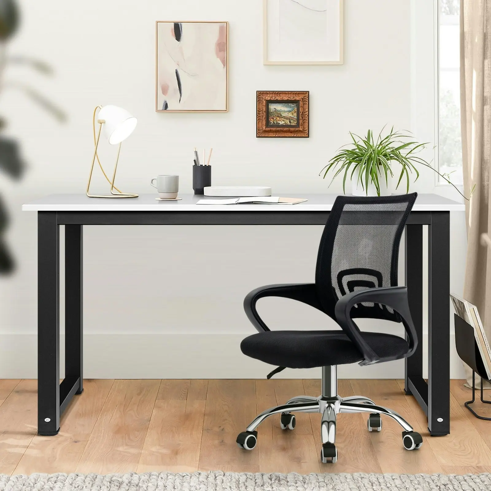 Oikiture Home Office Desk and Chair Set Black&White Computer Desk Mesh Office Chair