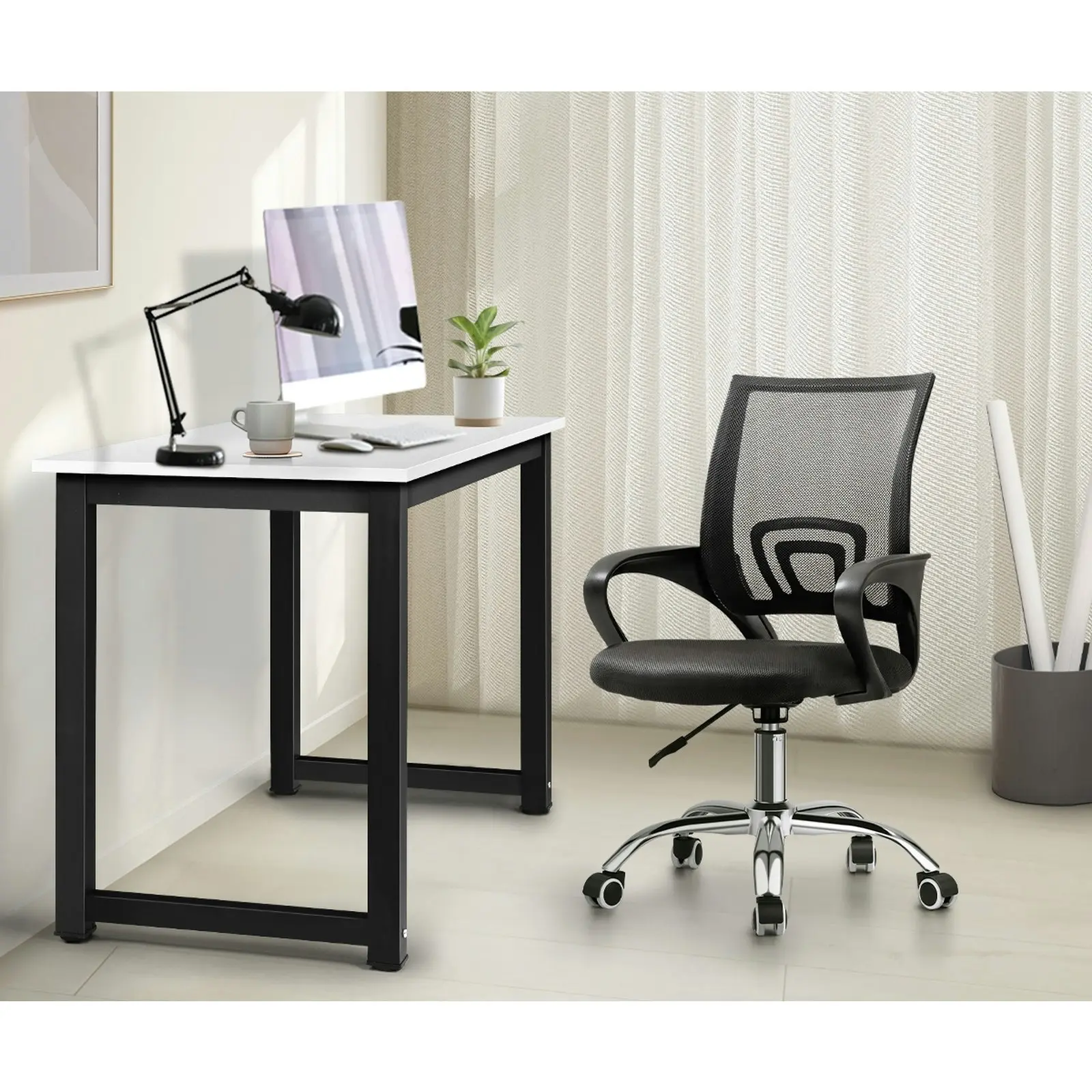 Oikiture Home Office Desk and Chair Set Black&White Computer Desk Mesh Office Chair