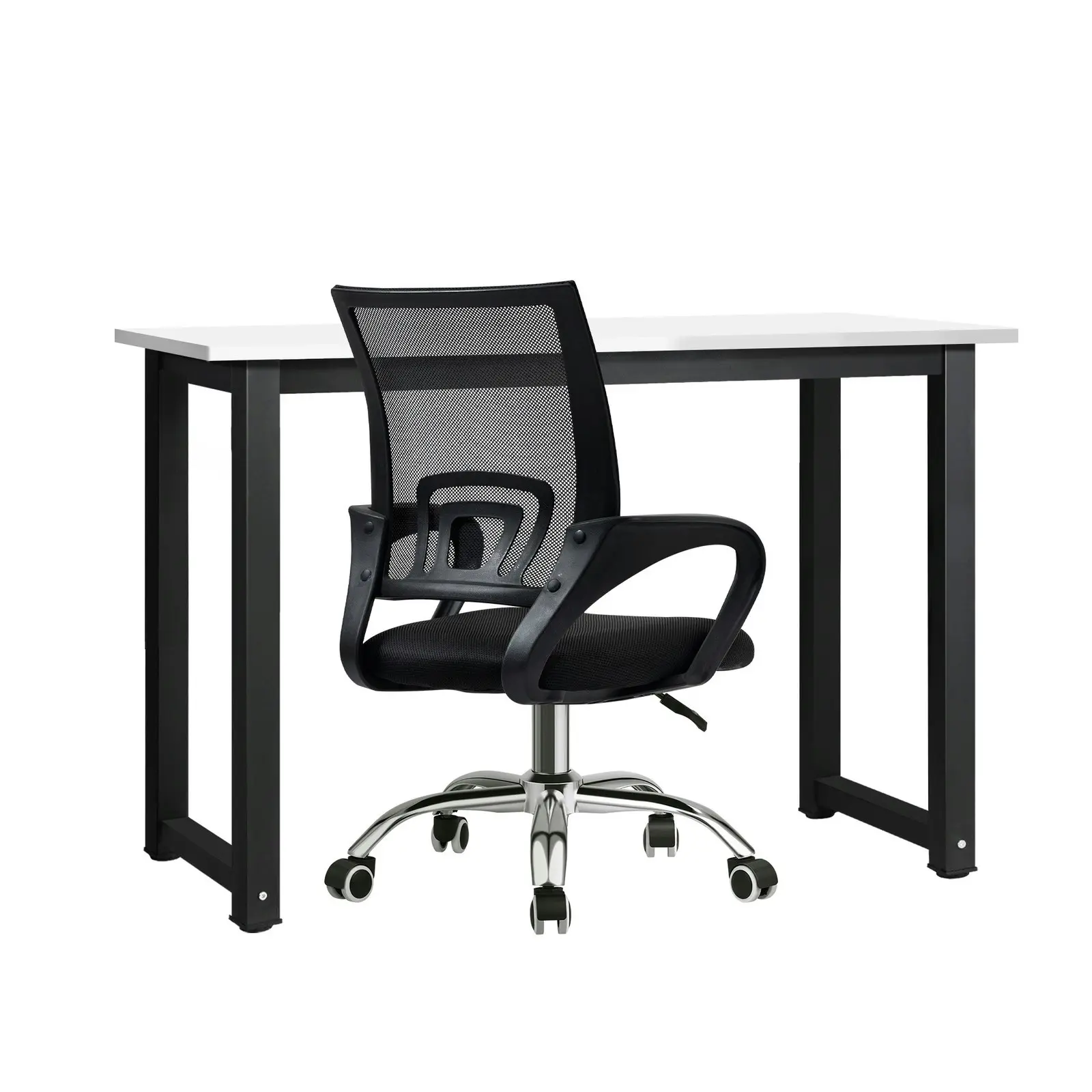 Oikiture Home Office Desk and Chair Set Black&White Computer Desk Mesh Office Chair