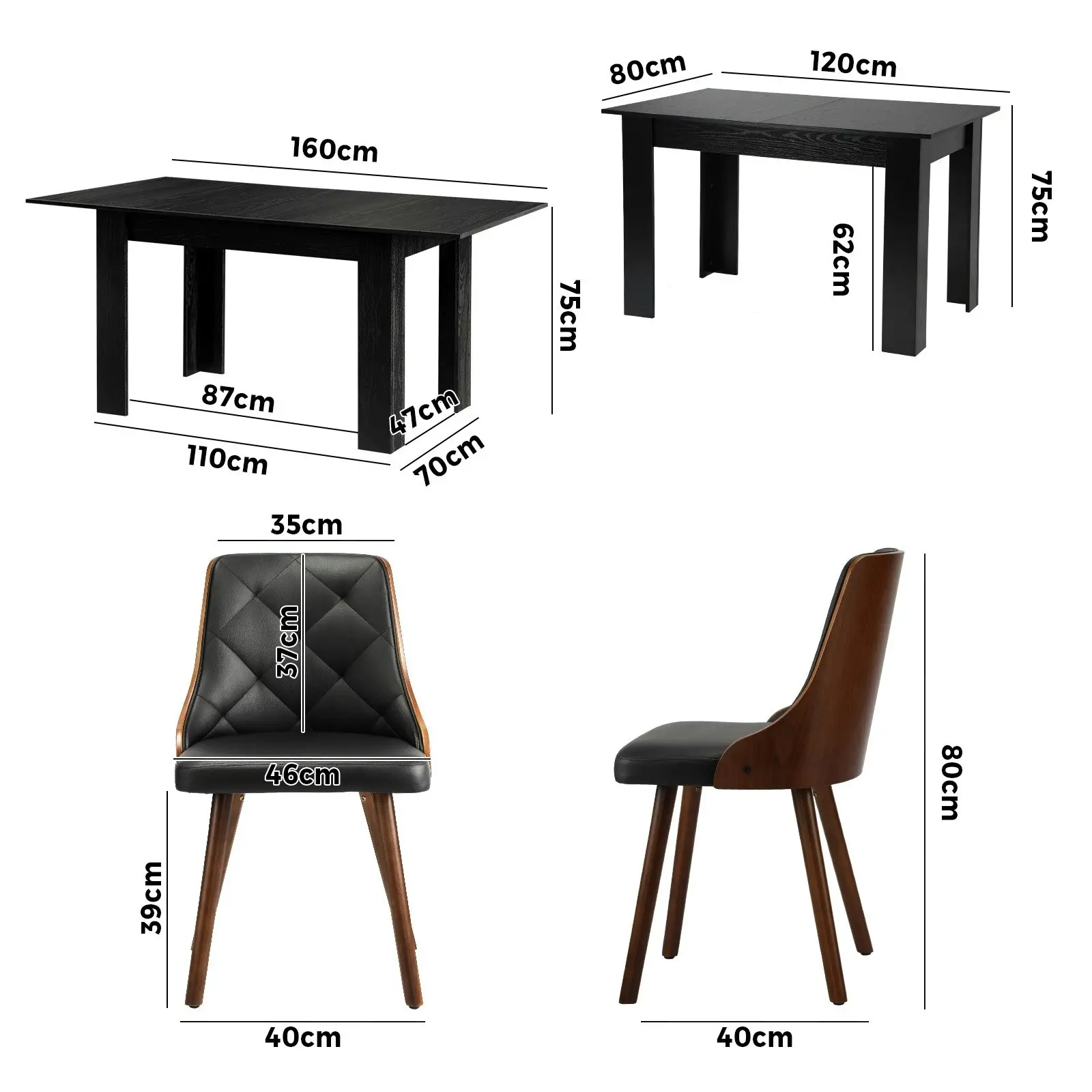 Oikiture 160cm Extendable Dining Table with 4PCS Dining Chairs PU Leather Black