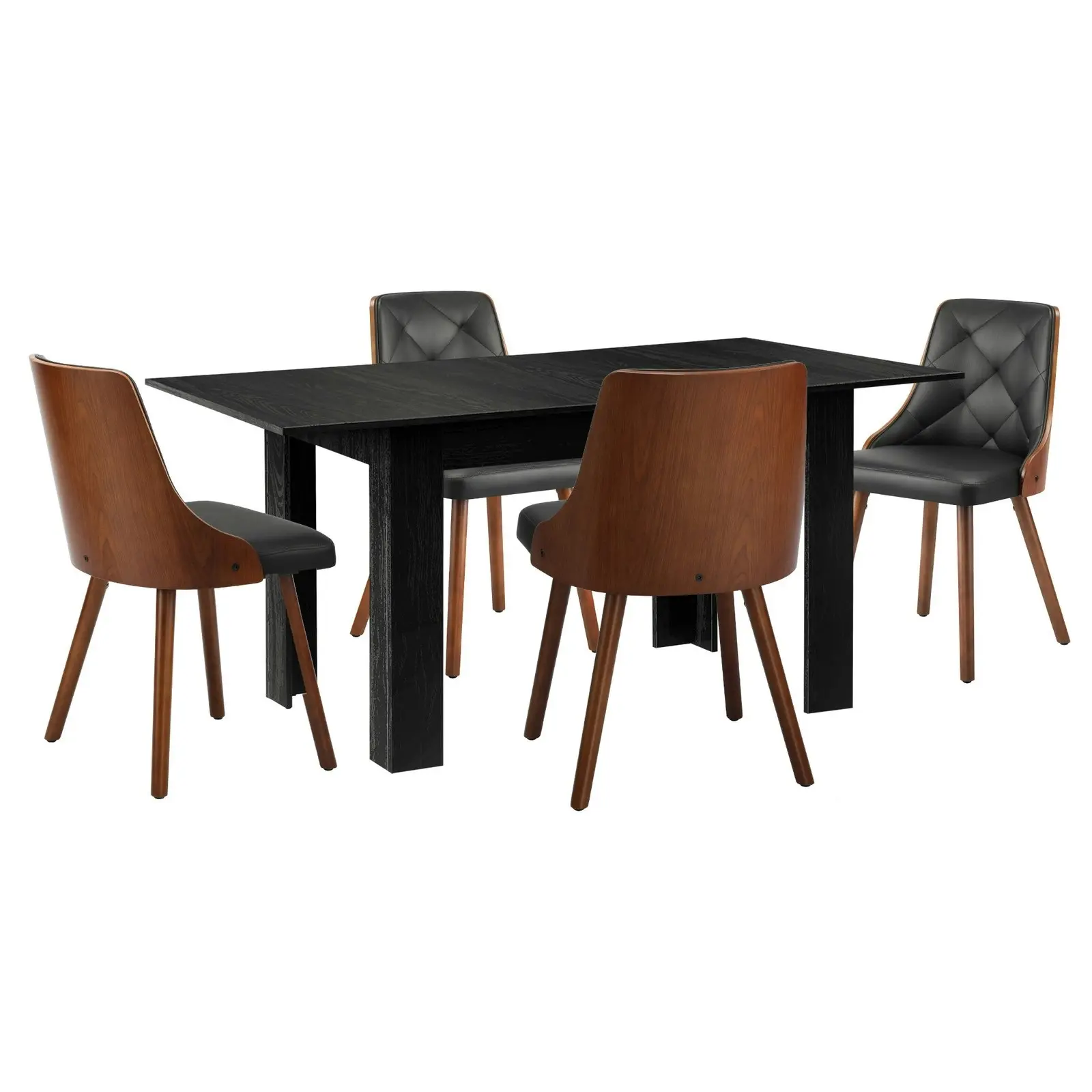 Oikiture 160cm Extendable Dining Table with 4PCS Dining Chairs PU Leather Black