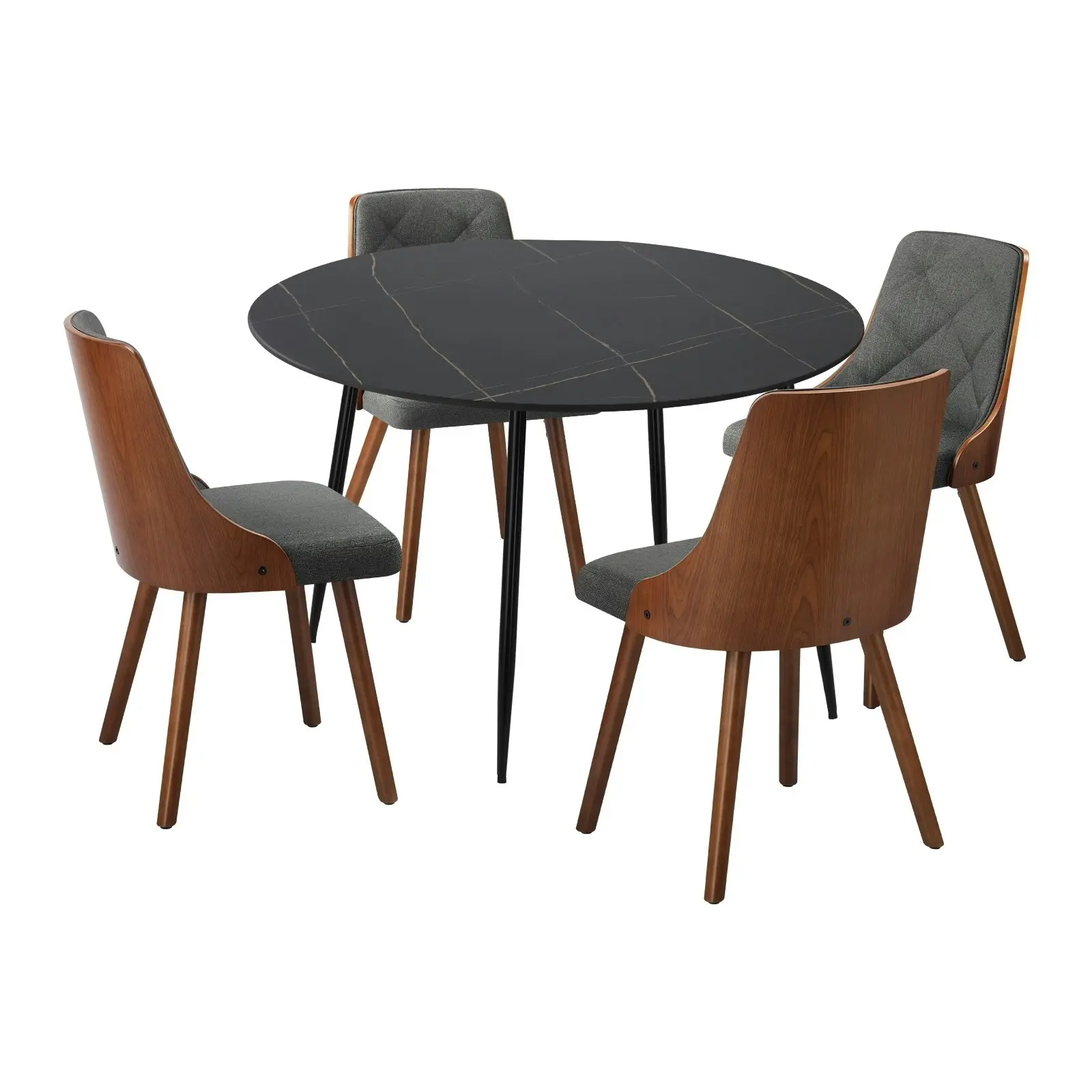 Oikiture 110cm Round Dining Table with 4PCS Dining Chairs Faux Linen Grey