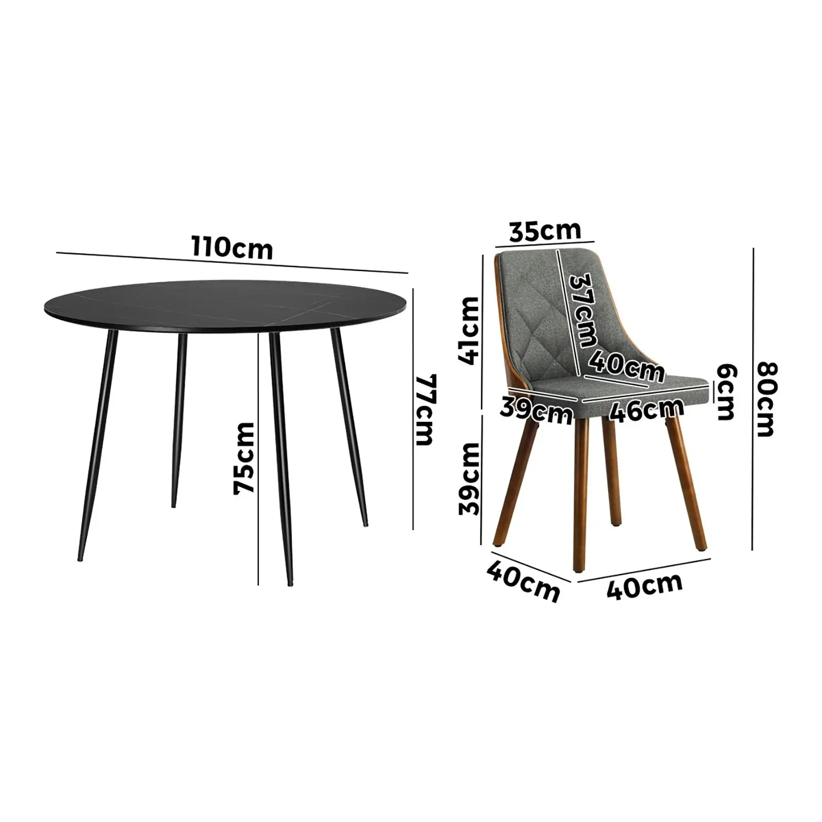 Oikiture 110cm Round Dining Table with 4PCS Dining Chairs Faux Linen Grey