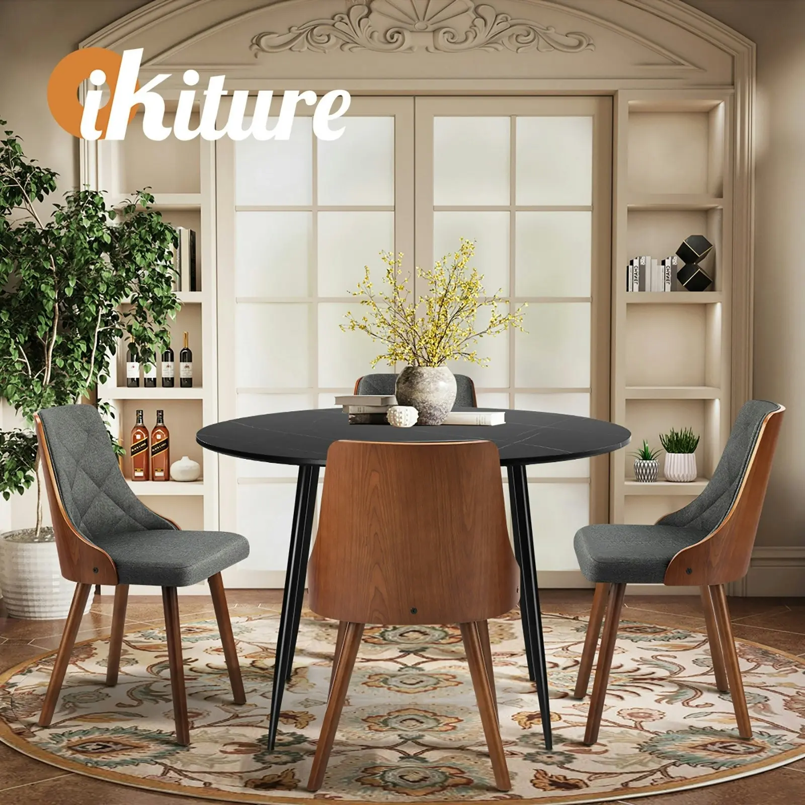 Oikiture 110cm Round Dining Table with 4PCS Dining Chairs Faux Linen Grey