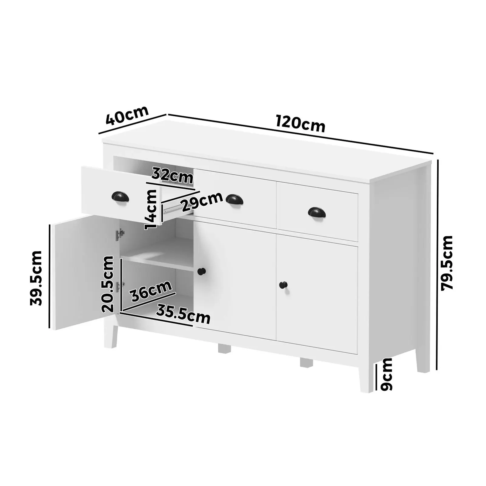 Oikiture Sideboard Buffet Storage Cabinet 3 Doors Cupboard Pantry Kitchen White