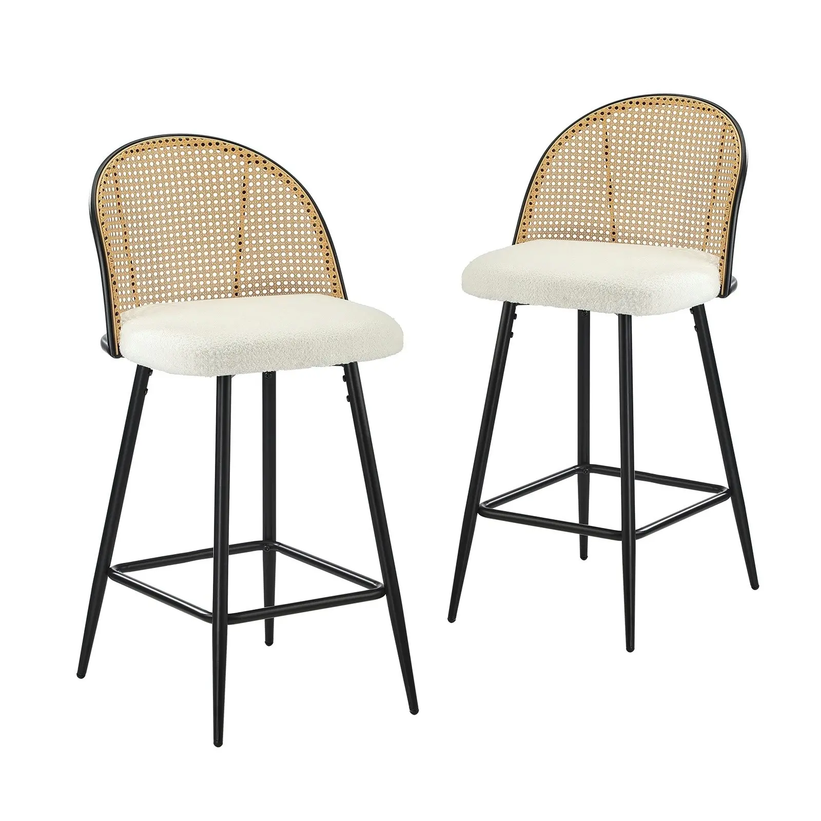 Oikiture Bar Stools Kitchen Counter Stool Rattan Dining Chair Boucle Fabric x2